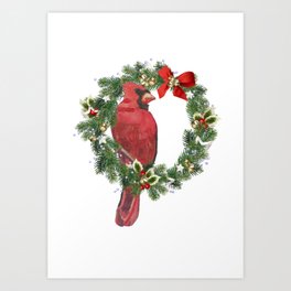 Red Watercolor Cardinal on a Holiday Wreath Art Print