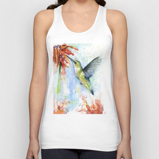 Hummingbird Red Flower Watercolor Bird Unisex Tank Top
