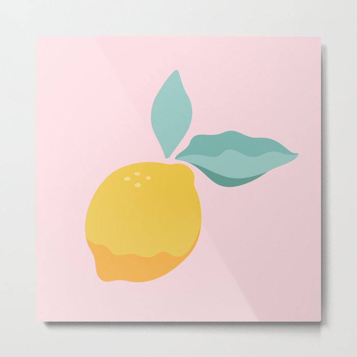 Lemons on Stem Pattern Fabric Design Limones Pink Lemonade Metal Print