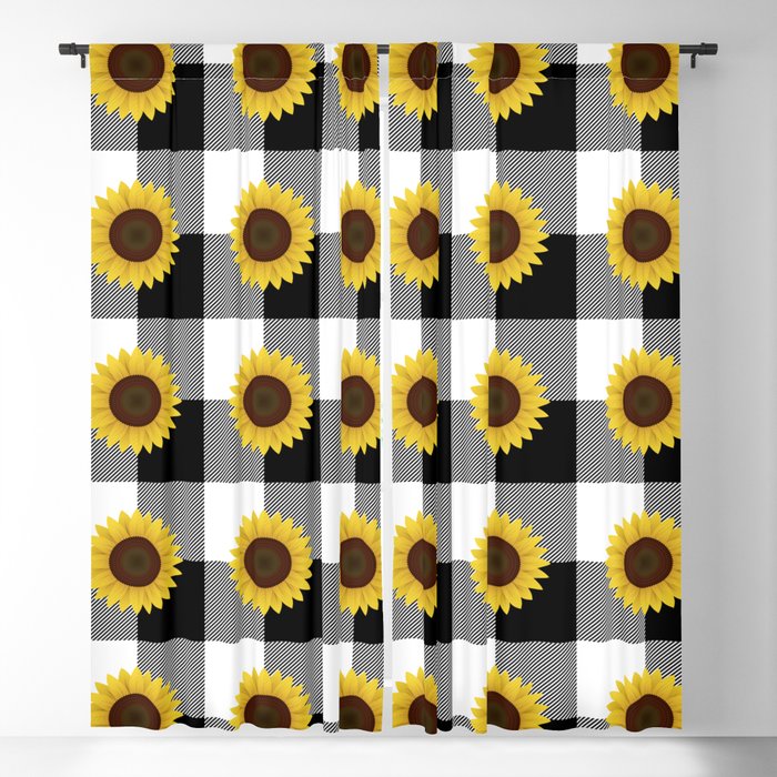 Sunflower And Black Buffalo Plaid Pattern,Black And White Buffalo Check,Checkered,Gingham,Farmhouse,Country.Flannel,Rustic,Summer, Blackout Curtain