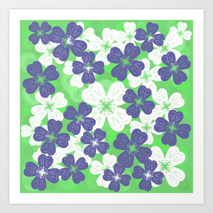 70’s Desert Flowers Periwinkle on Green Art Print