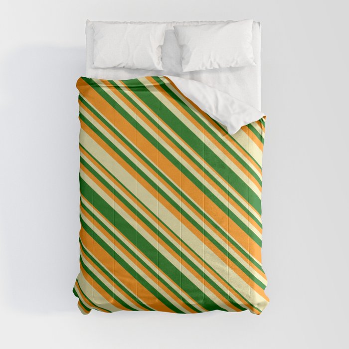 Pale Goldenrod, Dark Green, and Dark Orange Colored Lined/Striped Pattern Comforter