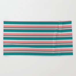 [ Thumbnail: Light Coral, Teal, and Light Grey Colored Lined/Striped Pattern Beach Towel ]