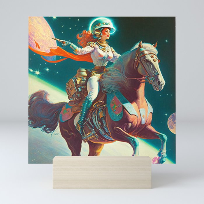 Retro Redhead Space Cowgirl on Horse Mini Art Print