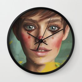 Harlequin. Fine-art Contemporary-art Digital-painting Yellow Teal Eyes Wall Clock | Teal Blue, Mime, Joker, Big Portrait, Yellow Color, Painting, Mar Kasner, Clown, Harlequin Girl, Digital Art 