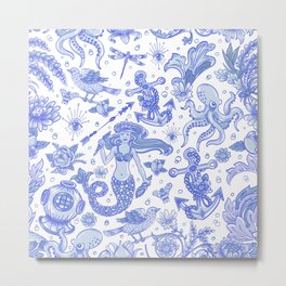 Blue Tattoo Metal Print | Arrow, Blue, Mermaid, Flowers, Seashells, Leaves, Nature, Bee, Graphicdesign, Bird 