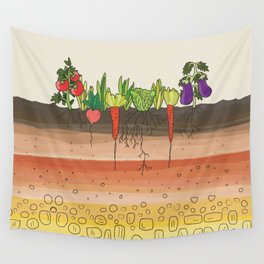 Earth soil layers vegetables garden cute educational illustration kitchen decor print Wall Tapestry