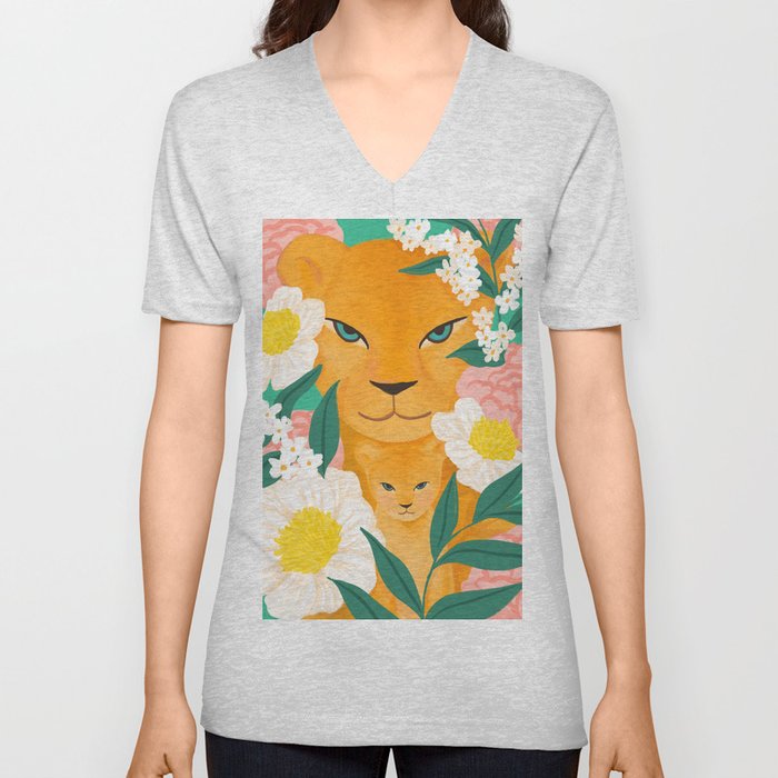 Mother Lion and Cub I V Neck T Shirt