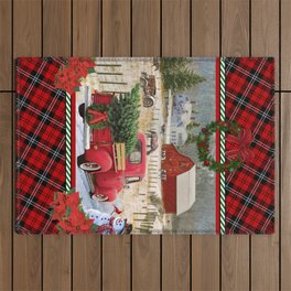 Christmas red truck on horse farm painting  Outdoor Rug