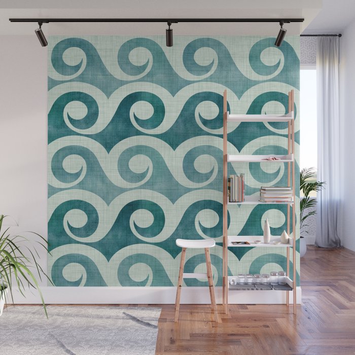 Vintage Waves Tropical Teal Geometric Pattern Wall Mural