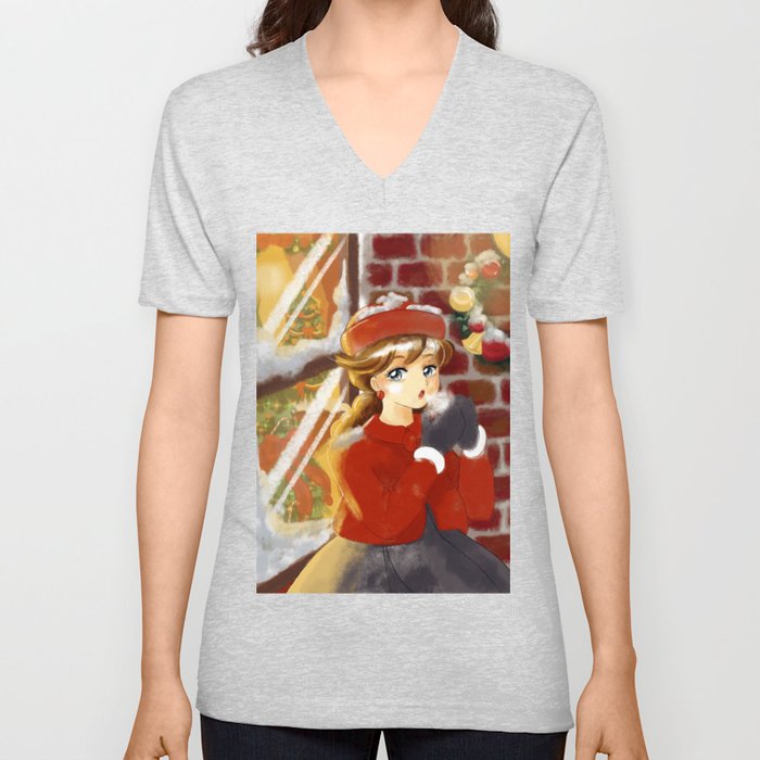 Retro Anime Snowy Christmas Shop Window Girl V Neck T Shirt