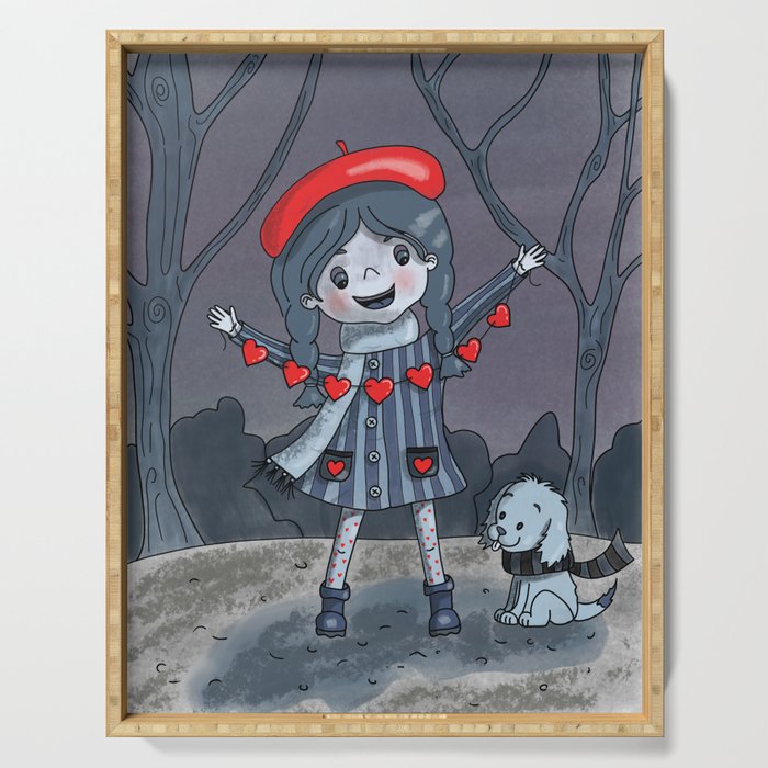 Girl with Dog Holding Heart Garland  Serving Tray