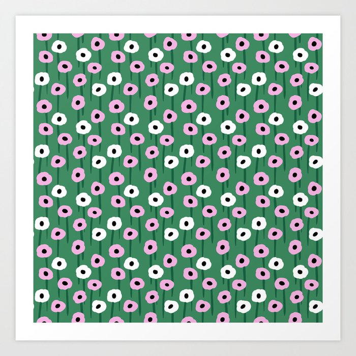 Abstract Poppies Pink & Green Art Print