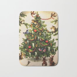 Vintage Christmas Tree & Woodland Critters Bath Mat | Birds, Holidays, Owls, Drawing, Christmaslights, Sqirrels, Decorations, Antique, Bunnies, Woodlandcritters 