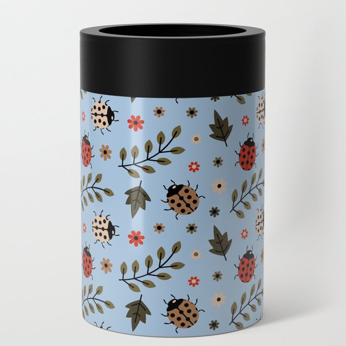 Ladybug and Floral Seamless Pattern on Pale Blue Background Can Cooler