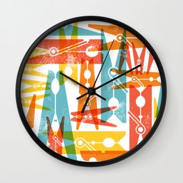 Clothespins Laundry Day Art Bright Colors Wall Clock