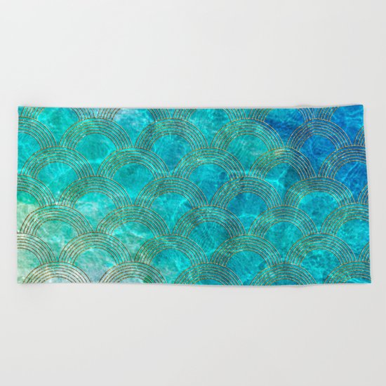 Sea Ocean Waves effect- Gold and Aqua Scales Pattern Beach Towel