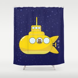 Yellow submarine in deep sea with a cat and bubbles Shower Curtain