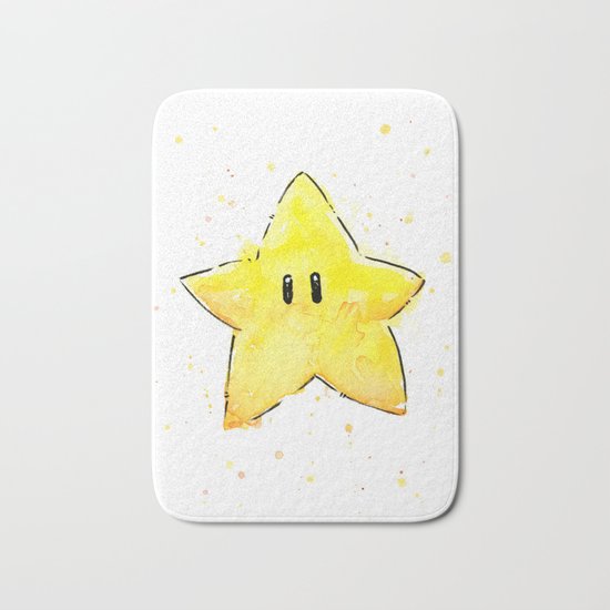 Invincibility Star Mario Watercolor Geek Gamer Art Bath Mat
