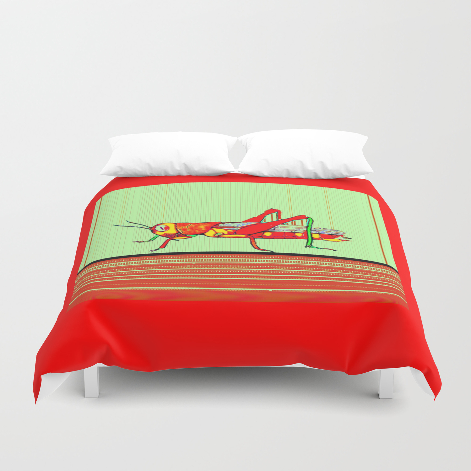Red Grass Hopper Drawing Green Patterned Abstract Duvet Cover By