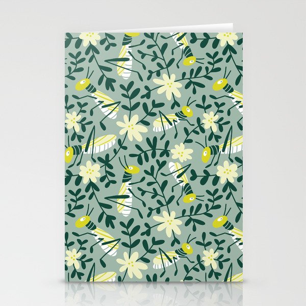 Insects and flowers green print Stationery Cards