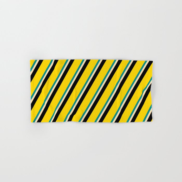 Dark Cyan, Beige, Black & Yellow Colored Stripes/Lines Pattern Hand & Bath Towel