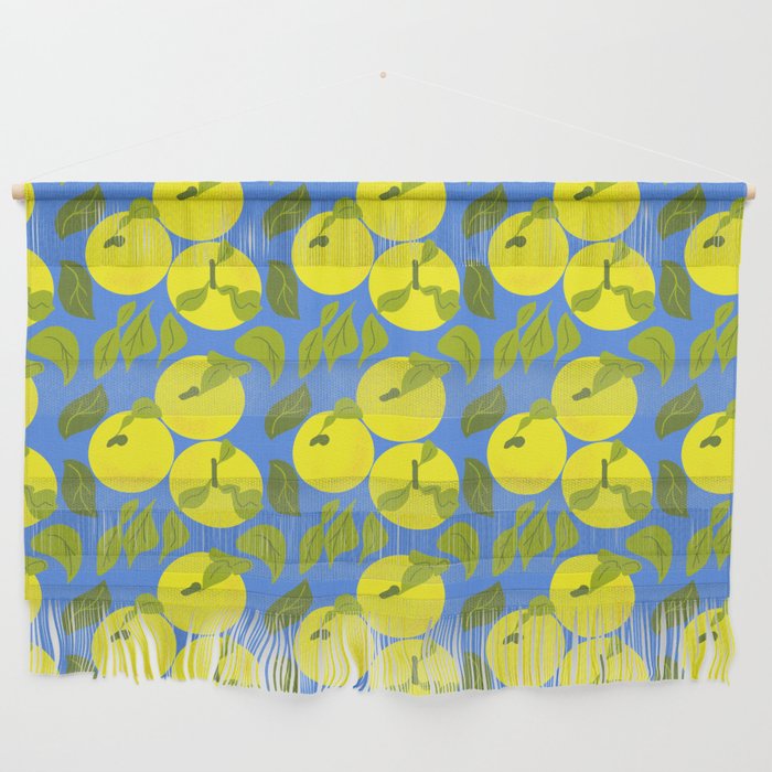 Retro Tropical Yuzu Fruit Lemon Yellow on Blue  Wall Hanging