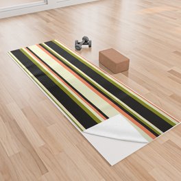 [ Thumbnail: Coral, Light Yellow, Green, and Black Colored Lined/Striped Pattern Yoga Towel ]