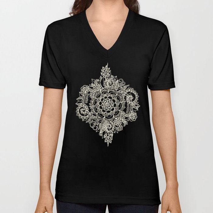 Cream Floral Moroccan Pattern on Deep Indigo Ink V Neck T Shirt
