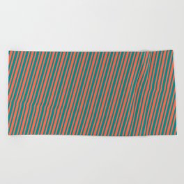 [ Thumbnail: Dark Cyan & Red Colored Striped Pattern Beach Towel ]