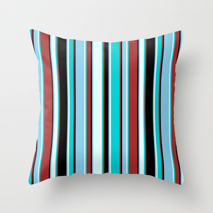 Brown, Dark Turquoise, Light Cyan, Sky Blue, and Black Colored Lines/Stripes Pattern Throw Pillow