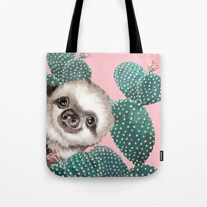 Sneaky Baby Sloth and Cactus in Pink Tote Bag