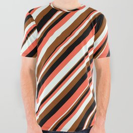 [ Thumbnail: Red, Mint Cream, Brown, and Black Colored Striped/Lined Pattern All Over Graphic Tee ]