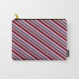 [ Thumbnail: Maroon, Plum & Dim Grey Colored Lined/Striped Pattern Carry-All Pouch ]