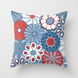 Cute Mid Century Modern Flowers - Red, White and Blue Throw Pillow