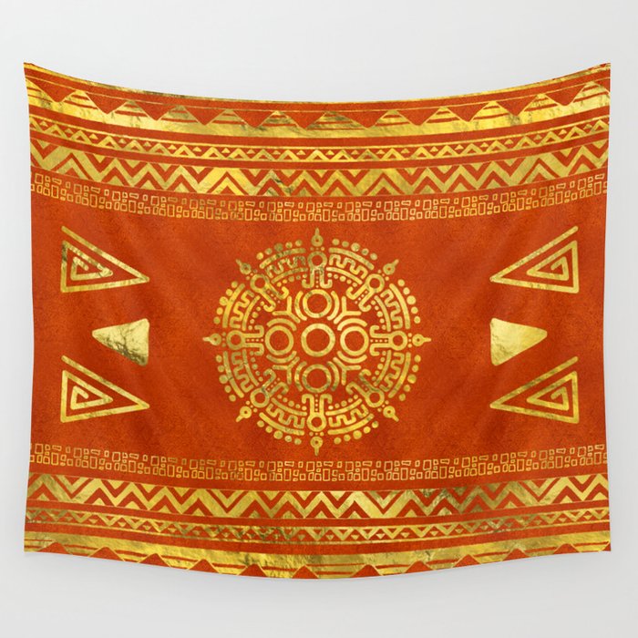 Gold Aztec Calendar Sun symbol Wall Tapestry