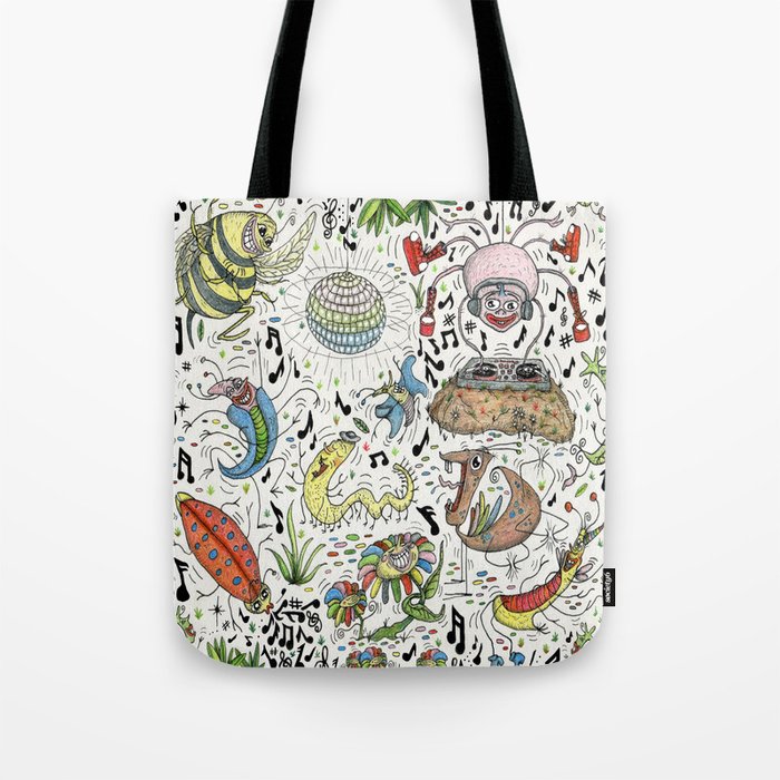 quirky garden dance party, bugs and flowers only! Tote Bag