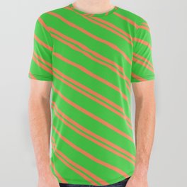 [ Thumbnail: Coral and Lime Green Colored Lined Pattern All Over Graphic Tee ]