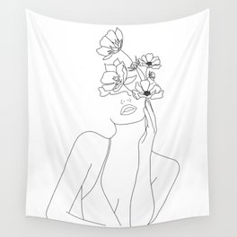 Minimal Line Art Woman with Flowers Wall Tapestry