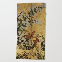 White Red Chrysanthemums Floral Japanese Gold Screen Beach Towel