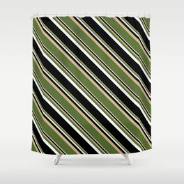 [ Thumbnail: Tan, Dark Olive Green, Mint Cream & Black Colored Stripes Pattern Shower Curtain ]