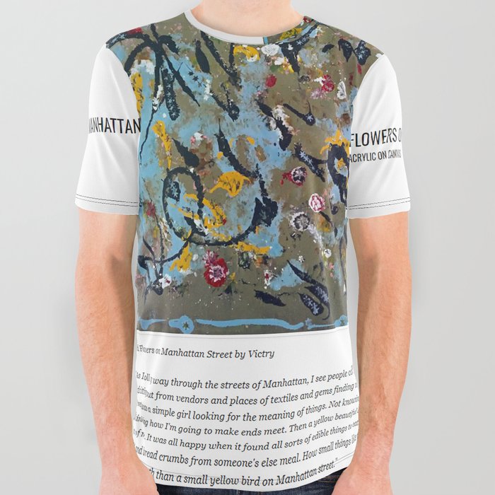 Wild Flowers On Manhattan Street All Over Graphic Tee | Painting, Acrylic, Abstract, Colorful, Bold-colors, Art-stories, Baby-blue, Gray, Creative-writing, Victry