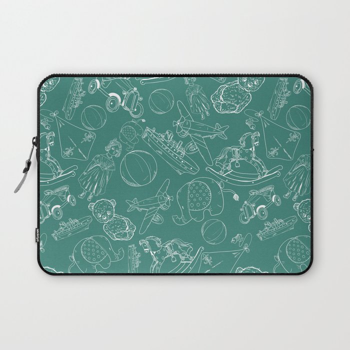 Green Blue and White Toys Outline Pattern Laptop Sleeve