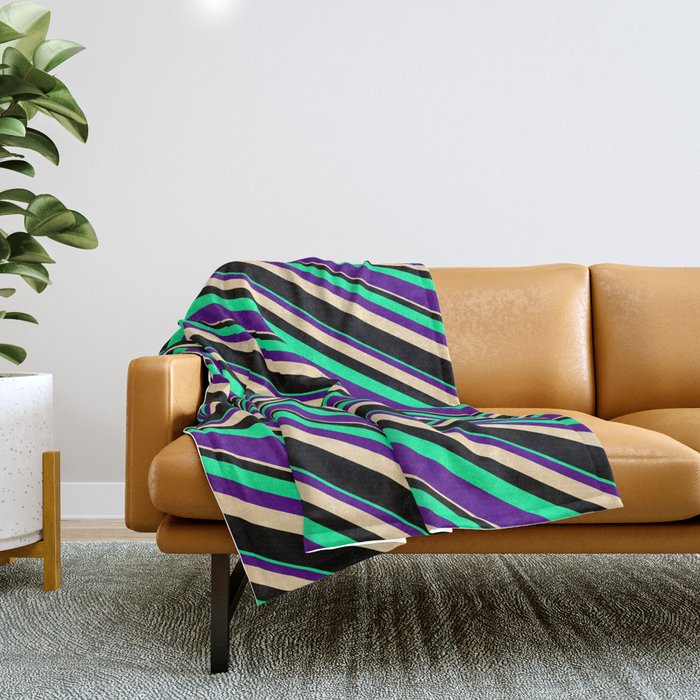 Green, Indigo, Beige, and Black Colored Striped Pattern Throw Blanket