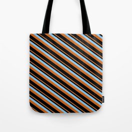 [ Thumbnail: Light Sky Blue, Chocolate & Black Colored Lines/Stripes Pattern Tote Bag ]