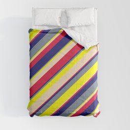 [ Thumbnail: Vibrant Light Slate Gray, Yellow, Bisque, Crimson & Midnight Blue Colored Lines/Stripes Pattern Comforter ]