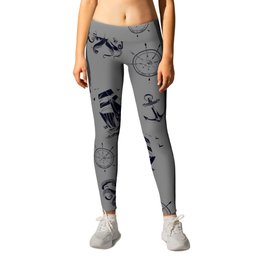 Grey And Blue Silhouettes Of Vintage Nautical Pattern Leggings