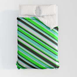 [ Thumbnail: Turquoise, Lavender, Lime & Black Colored Lines Pattern Comforter ]