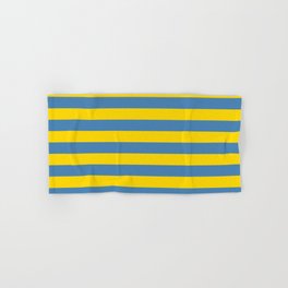 [ Thumbnail: Yellow and Blue Colored Stripes/Lines Pattern Hand & Bath Towel ]