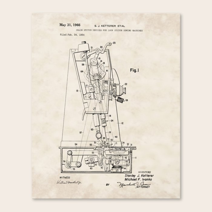 Chain Stitch for Lock Stitch Sewing Machine Vintage Patent Hand Drawing